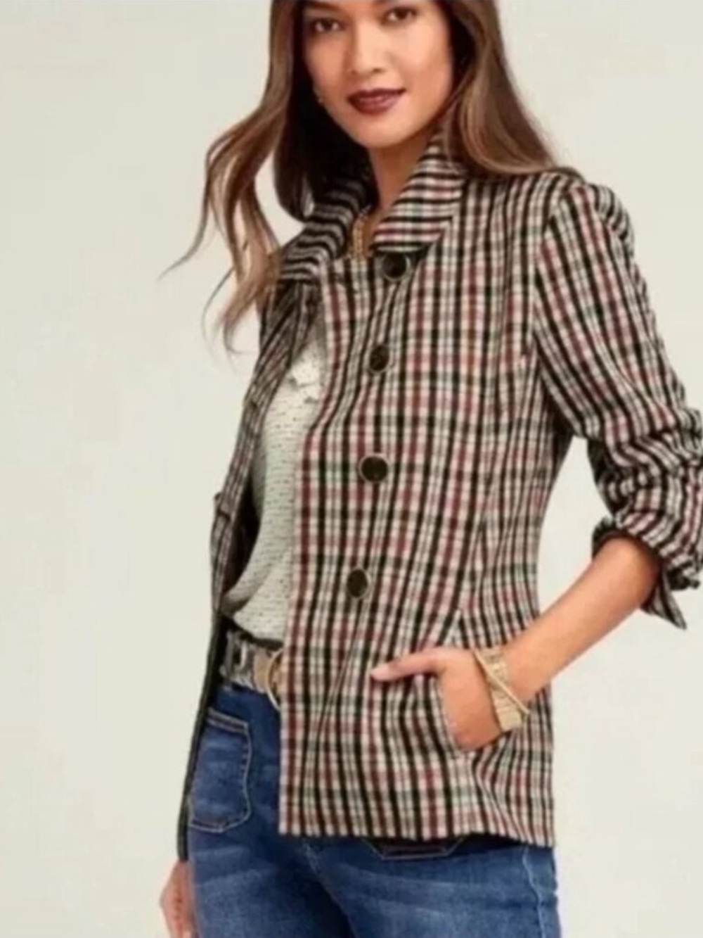 CABI Jazzy Double Breasted Jacket in Toffee Plaid Size S